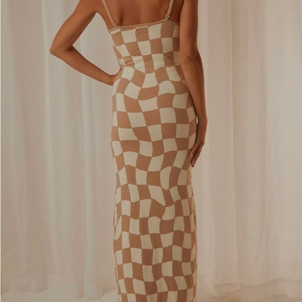 Pale pink checkered dress.